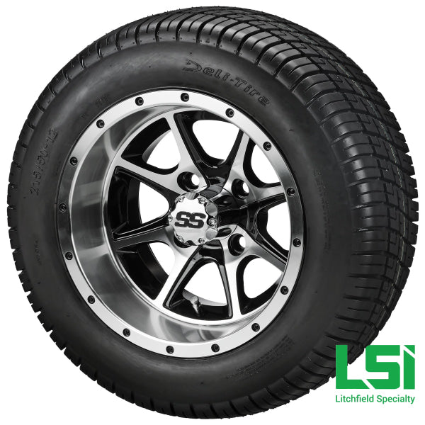 12X7 Black & Machined Azusa Wheel On 215/50-12 Deli Tire 12 Low Profile Assembly