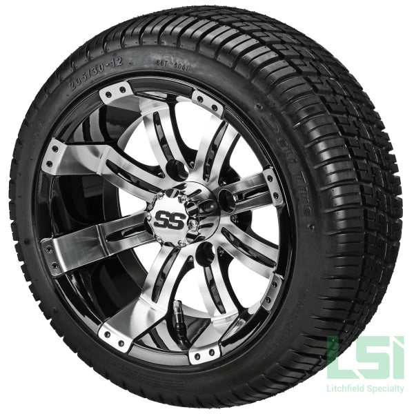 12X7 Black & Machined Casino Wheel On 205/30-12 Deli Tire 12 Low Profile Assembly