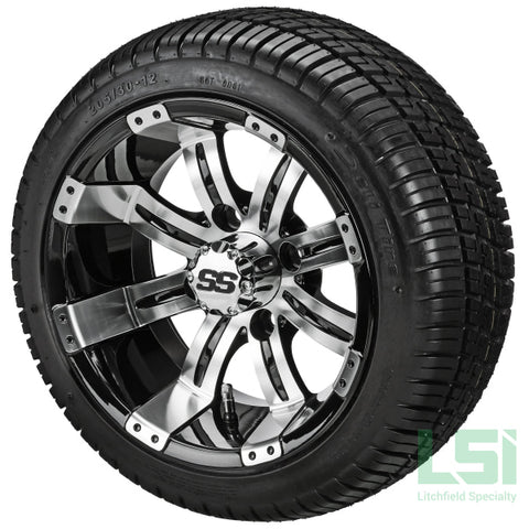 12X7 Black & Machined Casino Wheel On 205/30-12 Deli Tire 12 Low Profile Assembly