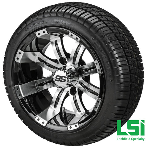 12X7 Black & Machined Casino Wheel On 205/30-12 Deli Tire 12 Low Profile Assembly