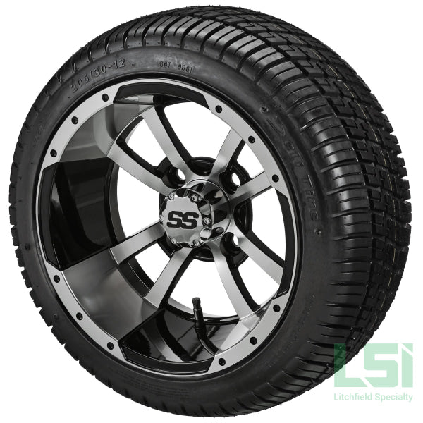 12X7 Black & Machined Maltese Cross Wheel On 205/30-12 Deli Tire 12 Low Profile Assembly