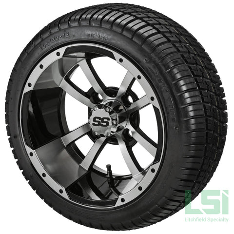 12X7 Black & Machined Maltese Cross Wheel On 205/30-12 Deli Tire 12 Low Profile Assembly
