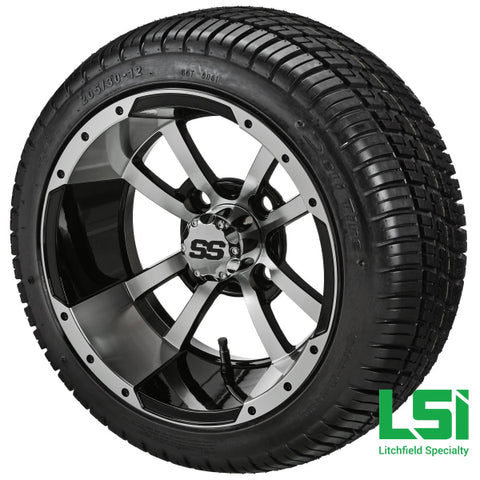 12X7 Black & Machined Maltese Cross Wheel On 205/30-12 Deli Tire 12 Low Profile Assembly