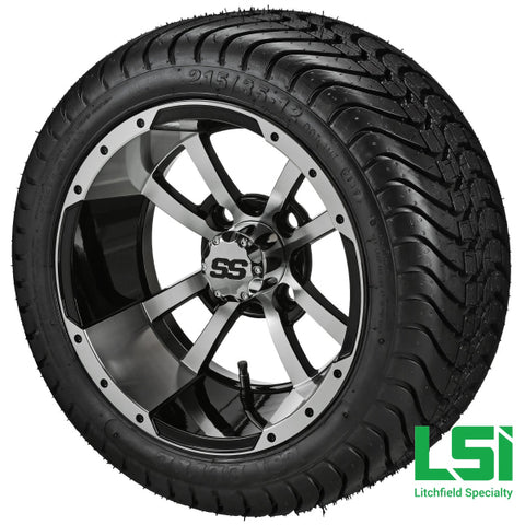 12X7 Black & Machined Maltese Cross Wheel On 215/35-12 Lsi Elite Tire 12 Low Profile Assembly