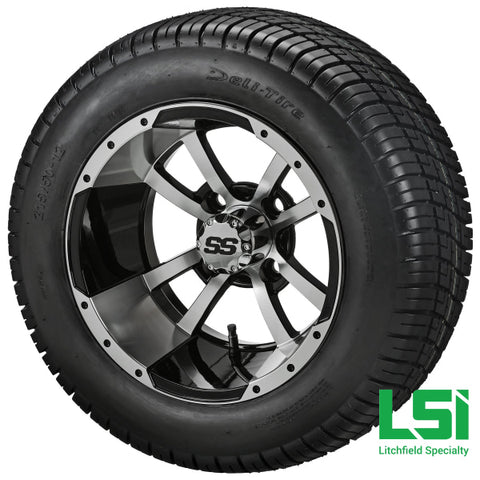 12X7 Black & Machined Maltese Cross Wheel On 215/50-12 Deli Tire 12 Low Profile Assembly