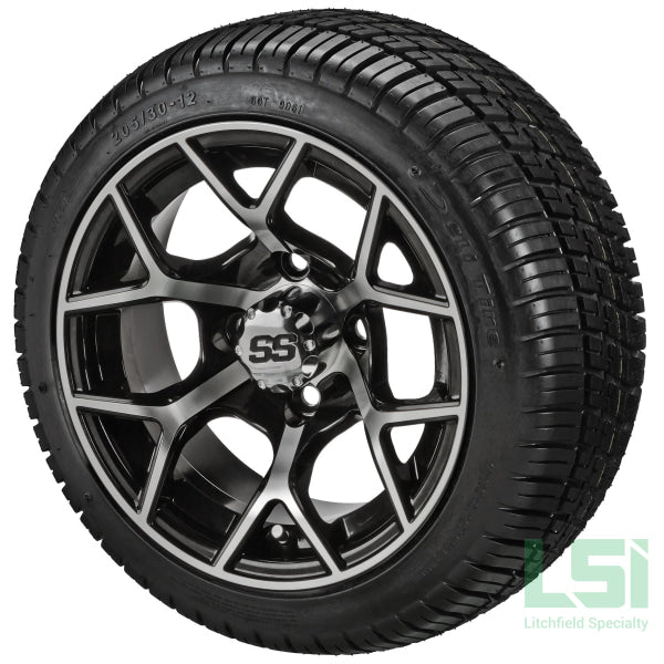 12X7 Black & Machined Ninja Wheel On 205/30-12 Deli Tire 12 Low Profile Assembly