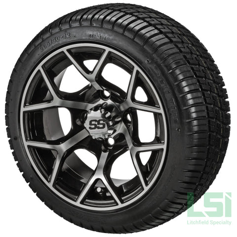 12X7 Black & Machined Ninja Wheel On 205/30-12 Deli Tire 12 Low Profile Assembly
