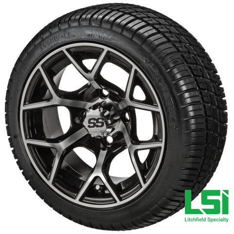 12X7 Black & Machined Ninja Wheel On 205/30-12 Deli Tire 12 Low Profile Assembly