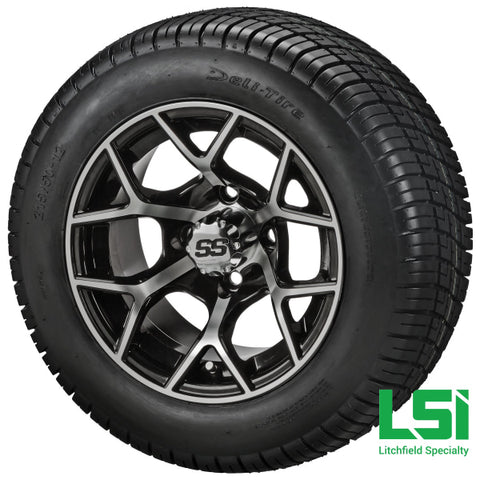 12X7 Black & Machined Ninja Wheel On 215/50-12 Deli Tire 12 Low Profile Assembly