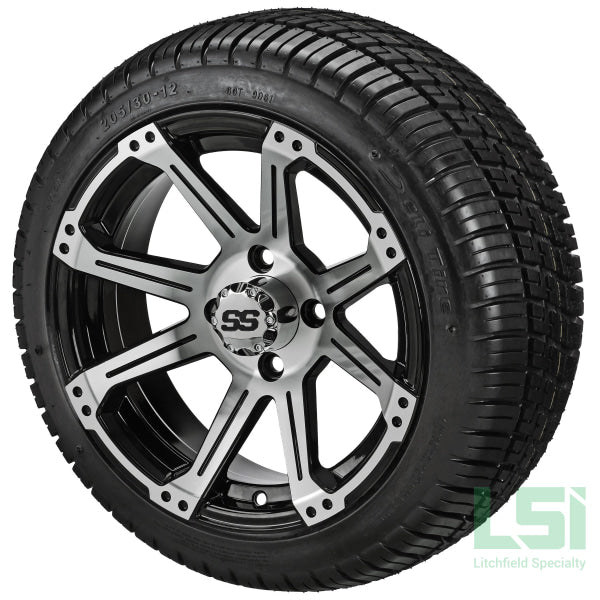 12X7 Black & Machined Rampage Wheel On 205/30-12 Deli Tire 12 Low Profile Assembly