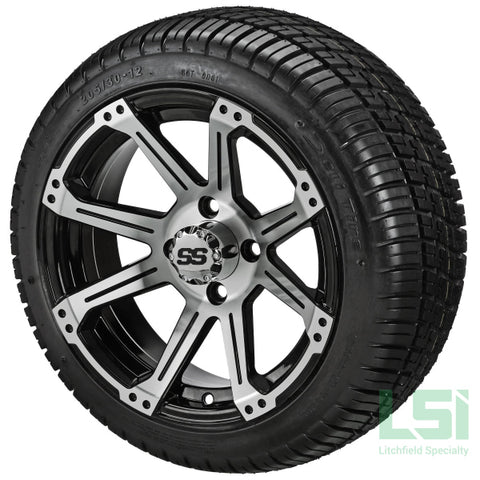 12X7 Black & Machined Rampage Wheel On 205/30-12 Deli Tire 12 Low Profile Assembly