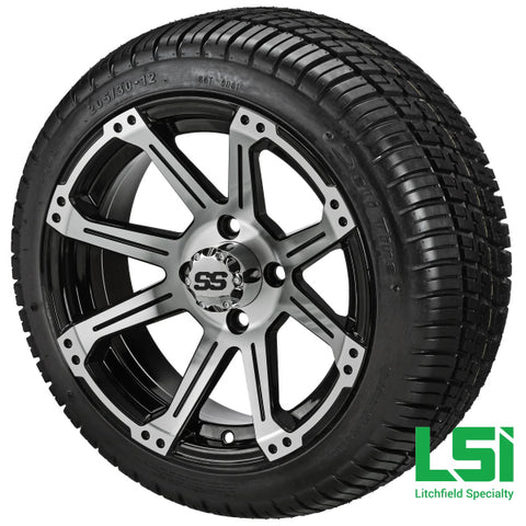 12X7 Black & Machined Rampage Wheel On 205/30-12 Deli Tire 12 Low Profile Assembly