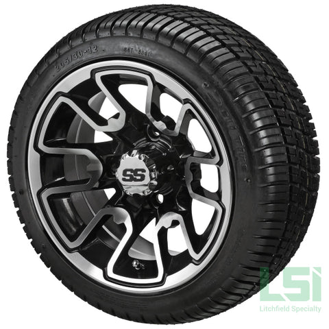 12X7 Black & Machined Tombstone Wheel On 205/30-12 Deli Tire 12 Low Profile Assembly