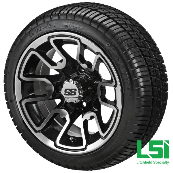 12X7 Black & Machined Tombstone Wheel On 205/30-12 Deli Tire 12 Low Profile Assembly