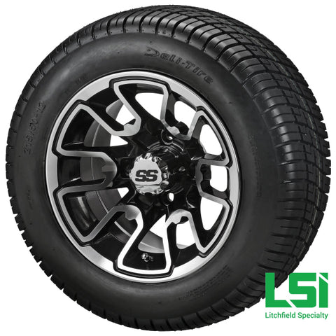 12X7 Black & Machined Tombstone Wheel On 215/50-12 Deli Tire 12 Low Profile Assembly
