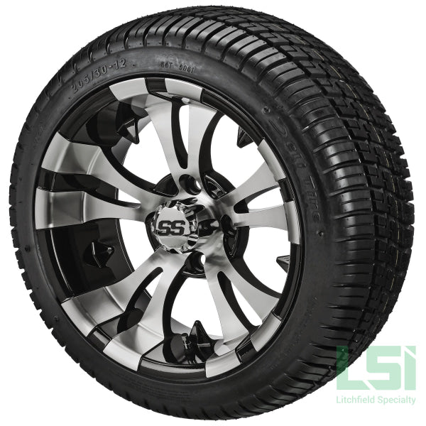 12X7 Black & Machined Warlock Wheel On 205/30-12 Deli Tire 12 Low Profile Assembly