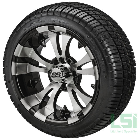 12X7 Black & Machined Warlock Wheel On 205/30-12 Deli Tire 12 Low Profile Assembly