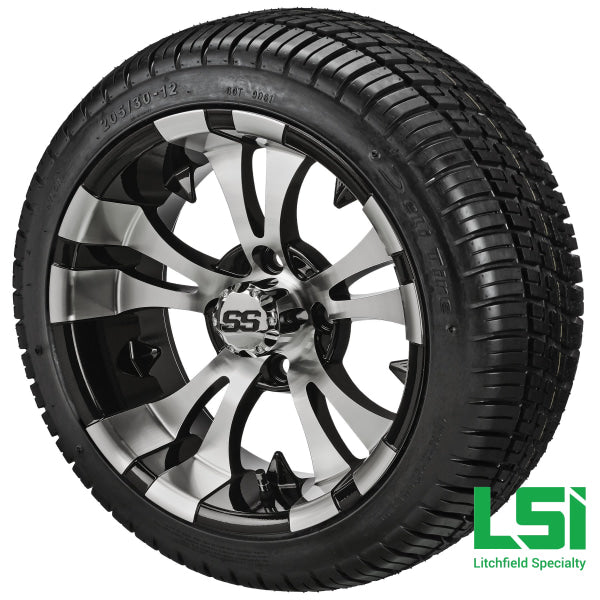 12X7 Black & Machined Warlock Wheel On 205/30-12 Deli Tire 12 Low Profile Assembly