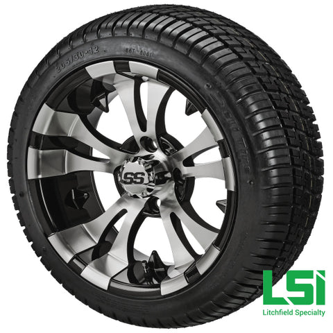 12X7 Black & Machined Warlock Wheel On 205/30-12 Deli Tire 12 Low Profile Assembly