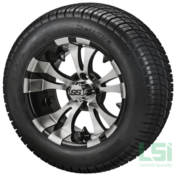 12X7 Black & Machined Warlock Wheel On 215/50-12 Deli Tire 12 Low Profile Assembly