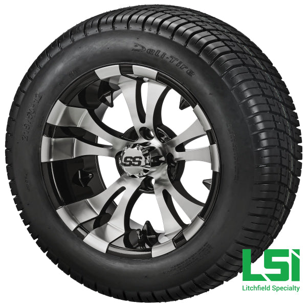 12X7 Black & Machined Warlock Wheel On 215/50-12 Deli Tire 12 Low Profile Assembly