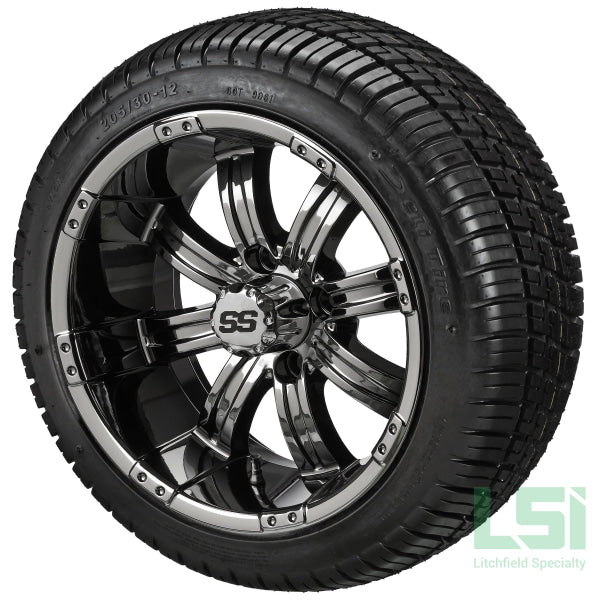 12X7 Black Mirror Casino Wheel On 205/30-12 Deli Tire 12 Low Profile Assembly