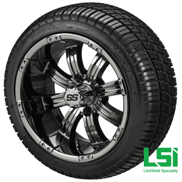 12X7 Black Mirror Casino Wheel On 205/30-12 Deli Tire 12 Low Profile Assembly