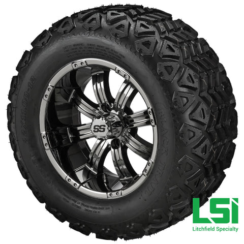 12X7 Black Mirror Casino Wheel On 20X10.00-12 Trail Tire 12 Lifted Assembly