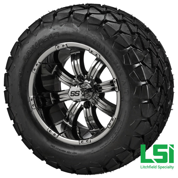 12X7 Black Mirror Casino Wheel On 22X10.00-12 Trail Fox A/t Tire 12 Lifted Assembly