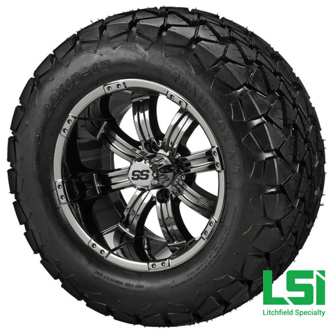 12X7 Black Mirror Casino Wheel On 22X10.00-12 Trail Fox A/t Tire 12 Lifted Assembly