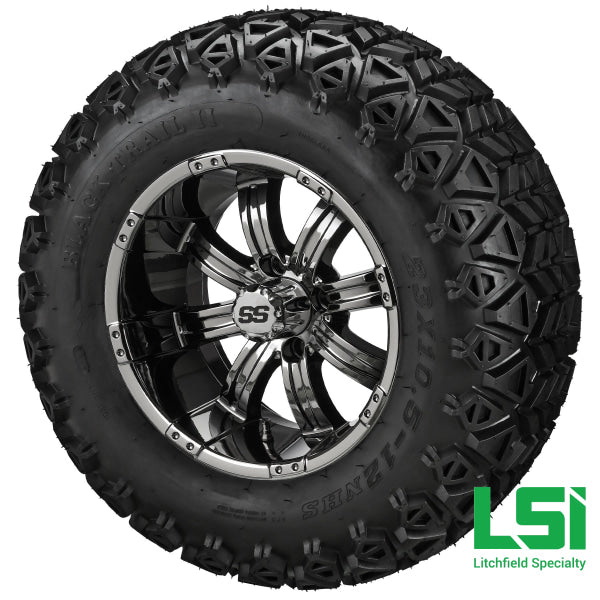 12X7 Black Mirror Casino Wheel On 23X10.50-12 Trail Tire 12 Lifted Assembly