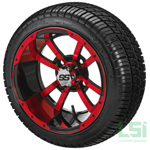 12X7 Black & Red Maltese Cross Wheel On 205/30-12 Deli Tire 12 Low Profile Assembly