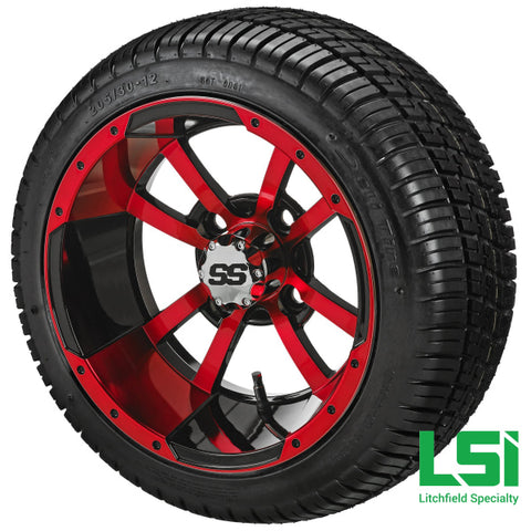 12X7 Black & Red Maltese Cross Wheel On 205/30-12 Deli Tire 12 Low Profile Assembly