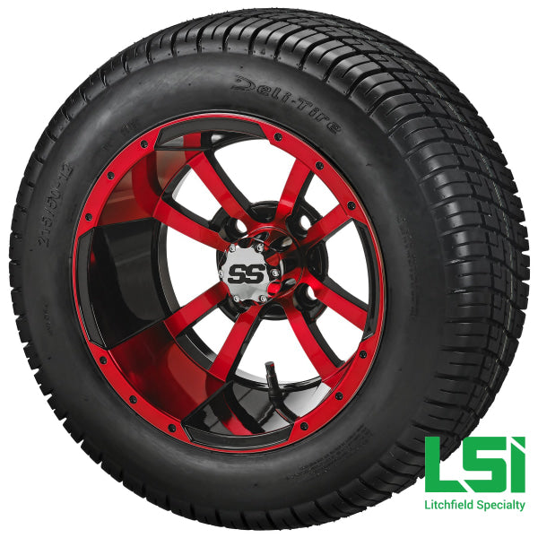 12X7 Black & Red Maltese Cross Wheel On 215/50-12 Deli Tire 12 Low Profile Assembly