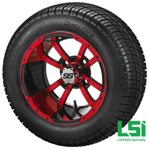 12X7 Black & Red Maltese Cross Wheel On 215/50-12 Deli Tire 12 Low Profile Assembly