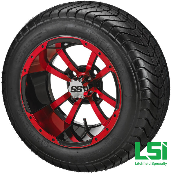 12X7 Black & Red Maltese Cross Wheel On 215/50-12 Lsi Elite Tire 12 Low Profile Assembly