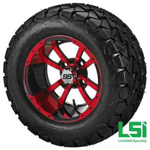 12X7 Black & Red Maltese Cross Wheel On 22X10.00-12 Trail Fox A/t Tire 12 Lifted Assembly