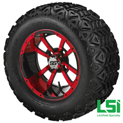 12X7 Black & Red Maltese Cross Wheel On 22X11-12 Trail Tire 12 Lifted Assembly