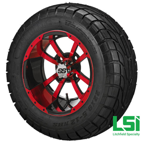 12X7 Black & Red Maltese Cross Wheel On 22X9.50-12 Lsi Elite Street Tire 12 Lifted Assembly