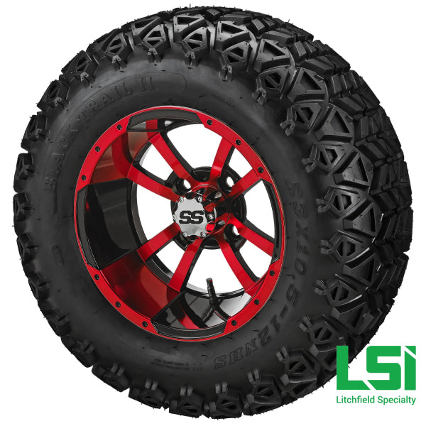 12X7 Black & Red Maltese Cross Wheel On 23X10.50-12 Trail Tire 12 Lifted Assembly