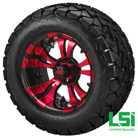12X7 Black & Red Warlock Wheel On 22X10.00-12 Trail Fox A/t Tire 12 Lifted Assembly