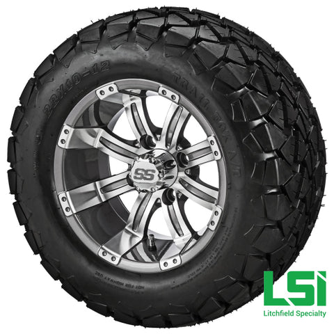 12X7 Gun Metal Gray Casino Wheel On 22X10.00-12 Trail Fox A/t Tire 12 Lifted Assembly