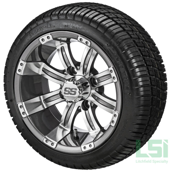 12X7 Gun Metal Gray & Machined Casino Wheel On 205/30-12 Deli Tire 12 Low Profile Assembly