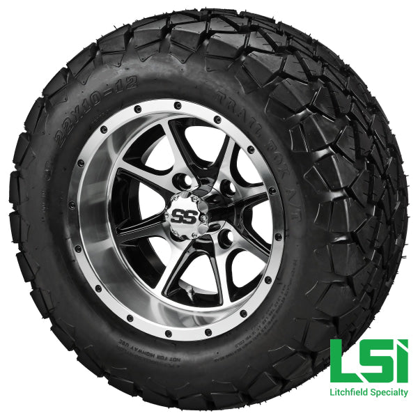 12X7 Machined & Black Azusa Wheel On 22X10.00-12 Trail Fox A/t Tire 12 Lifted Assembly