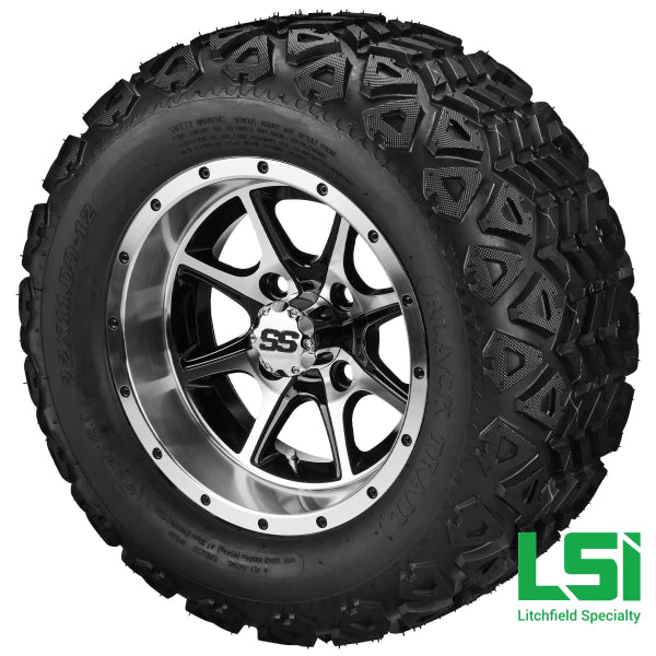 12X7 Machined & Black Azusa Wheel On 22X11-12 Trail Tire 12 Lifted Assembly