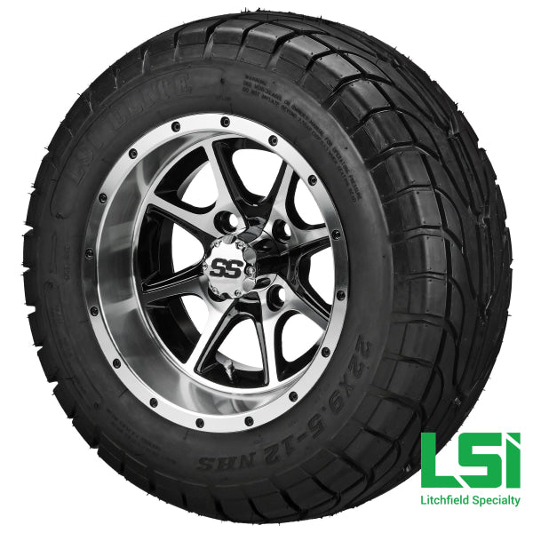 12X7 Machined & Black Azusa Wheel On 22X9.50-12 Lsi Elite Street Tire 12 Lifted Assembly