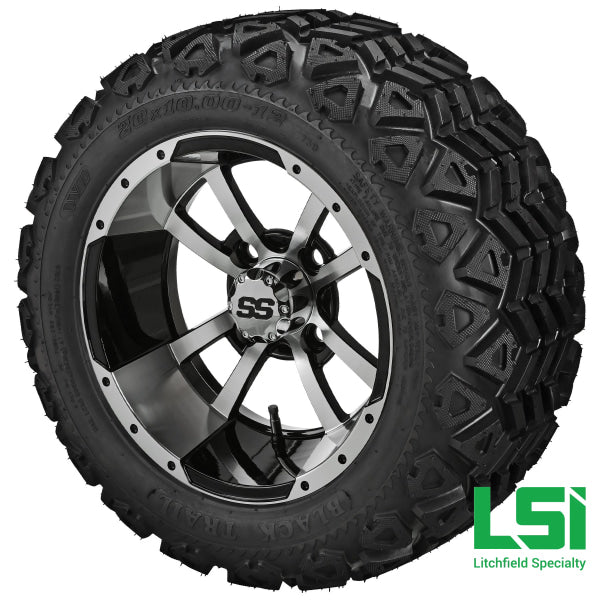 12X7 Machined & Black Maltese Cross Wheel On 20X10.00-12 Trail Tire 12 Lifted Assembly