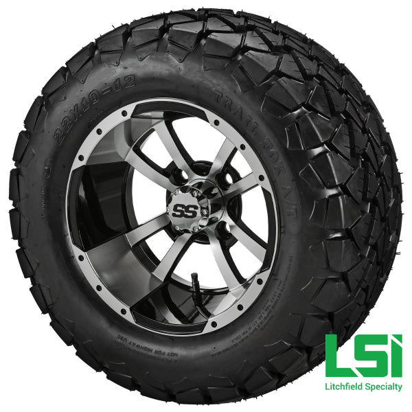 12X7 Machined & Black Maltese Cross Wheel On 22X10.00-12 Trail Fox A/t Tire 12 Lifted Assembly