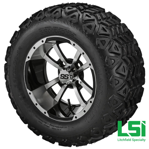 12X7 Machined & Black Maltese Cross Wheel On 22X11-12 Trail Tire 12 Lifted Assembly
