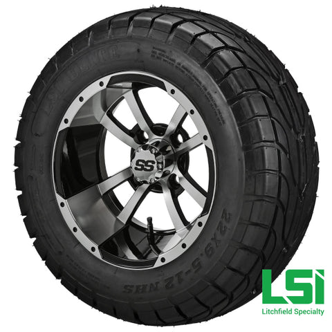 12X7 Machined & Black Maltese Cross Wheel On 22X9.50-12 Lsi Elite Street Tire 12 Lifted Assembly